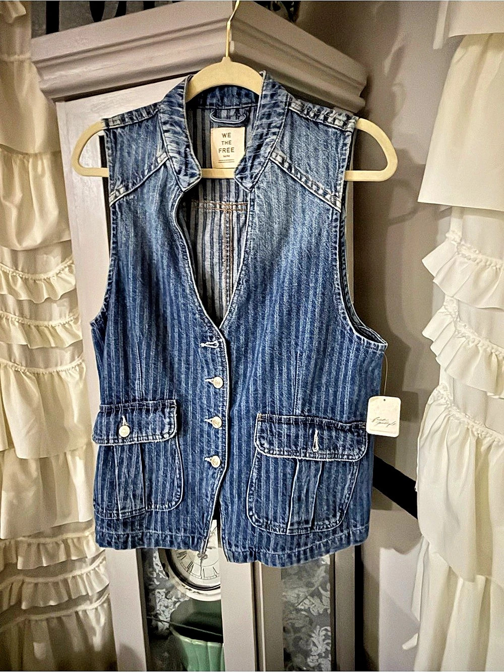 We The Free Fitter's Sheet Denim Striped Vest Size Medium NWT